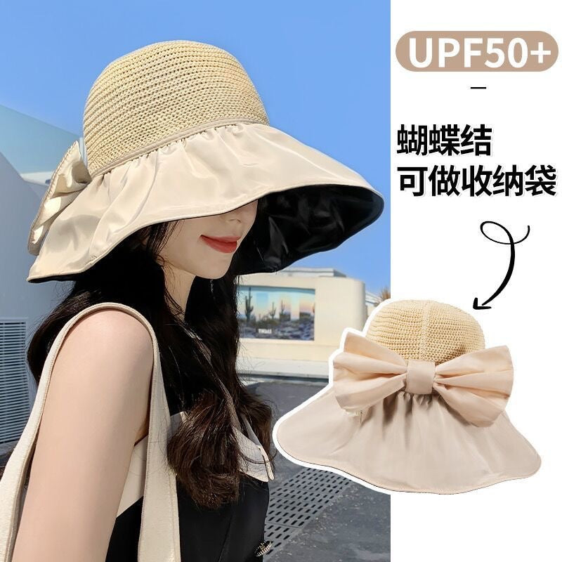Sunscreen hat Women's UV protection Sun hat Foldable vinyl bow storage bucket hat Face covering Big brim hat
