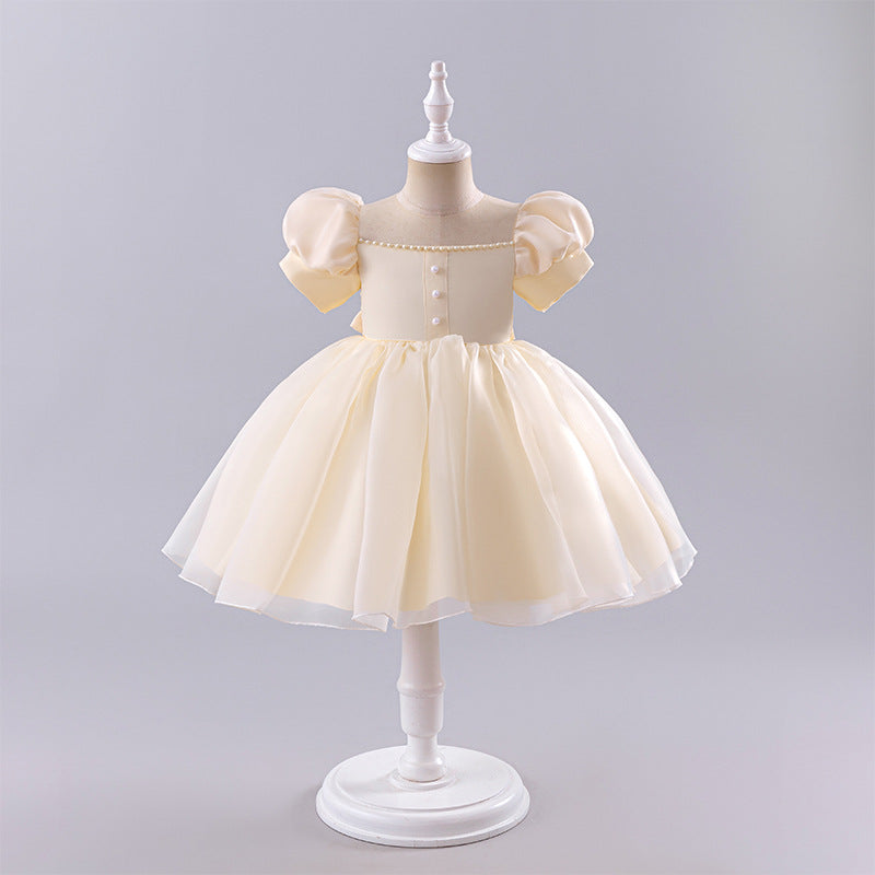 Girls' court-style short dress, toddler princess dress, puff sleeve tulle tutu, little host performance outfit