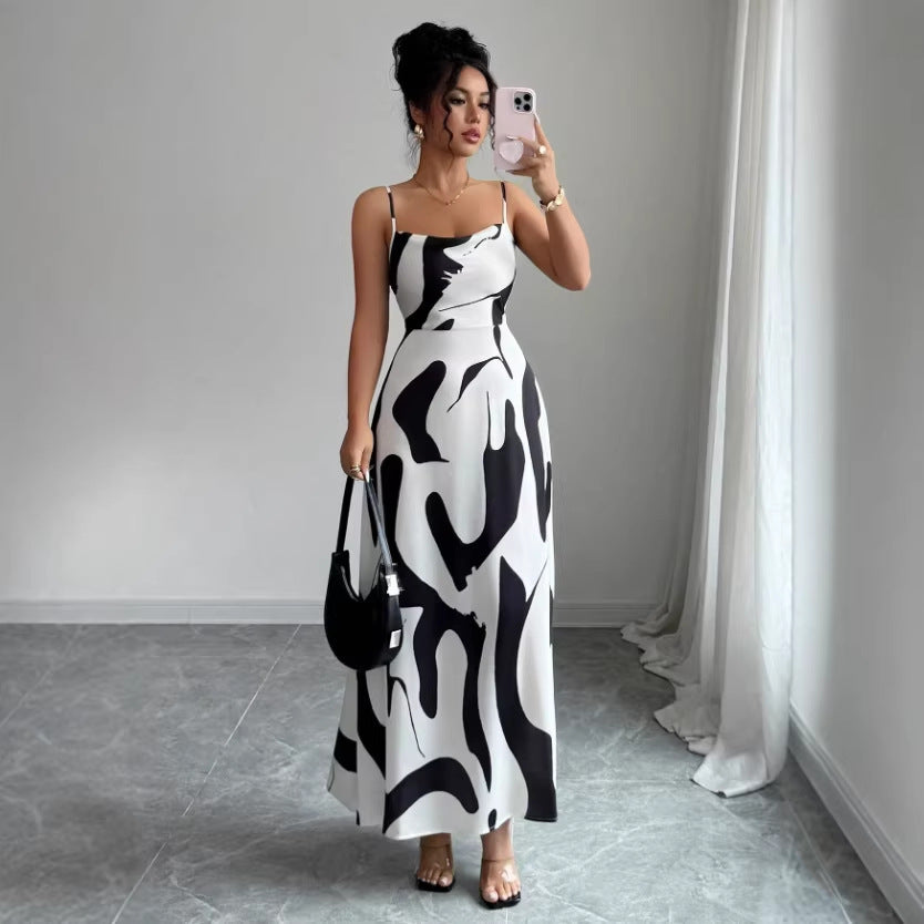 foreign trade  summer new european and american style geometric printing vacation sexy suspender skirt side slit one-step skirt
