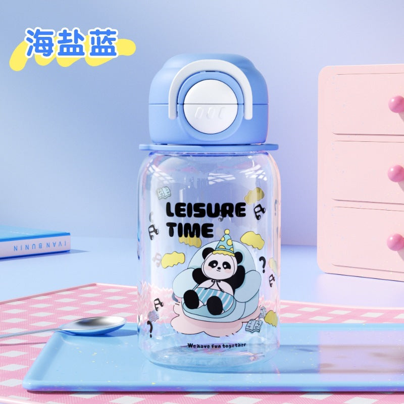 Cartoon panda kids water bottle, plastic cup, student food-grade double-drink straw cup with strap, portable water bottle, large capacity