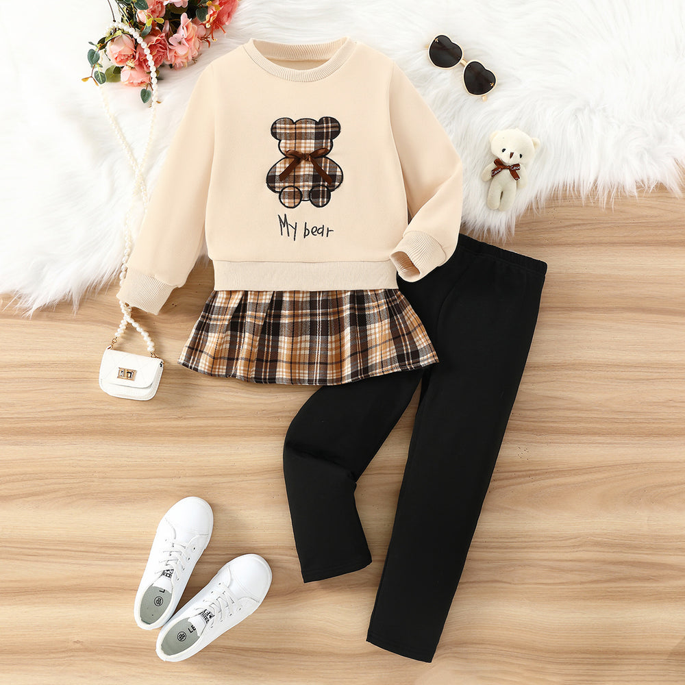 girl sweatshirt pants suit khaki bear fake two-piece skirt plaid pants skirt kidstwo-piece set