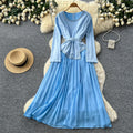 Korean style red long-sleeved a-line bodycon dress - women's spring/summer commute-friendly, slimming, pleated maxi skirt