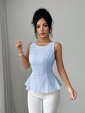 Sleeveless, waist-cinching top for women, featuring a ruffled hem, open back, and bow tie closure. a versatile and stylish piece perfect for everyday wear