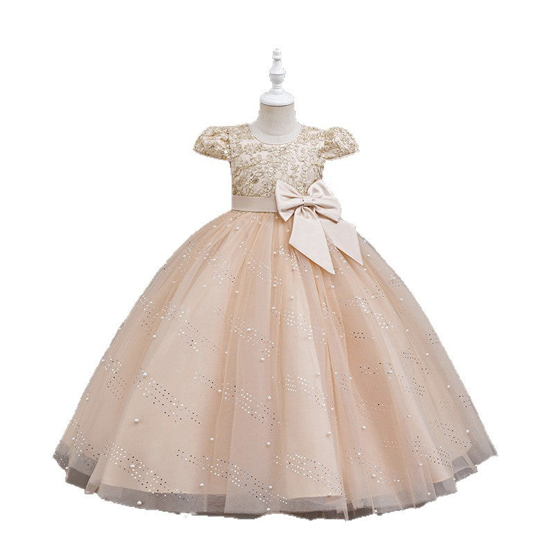 export girls' dress - mid-to-large size, short-sleeve wedding dress, flower girl performance dress, princess gown, floor-length style