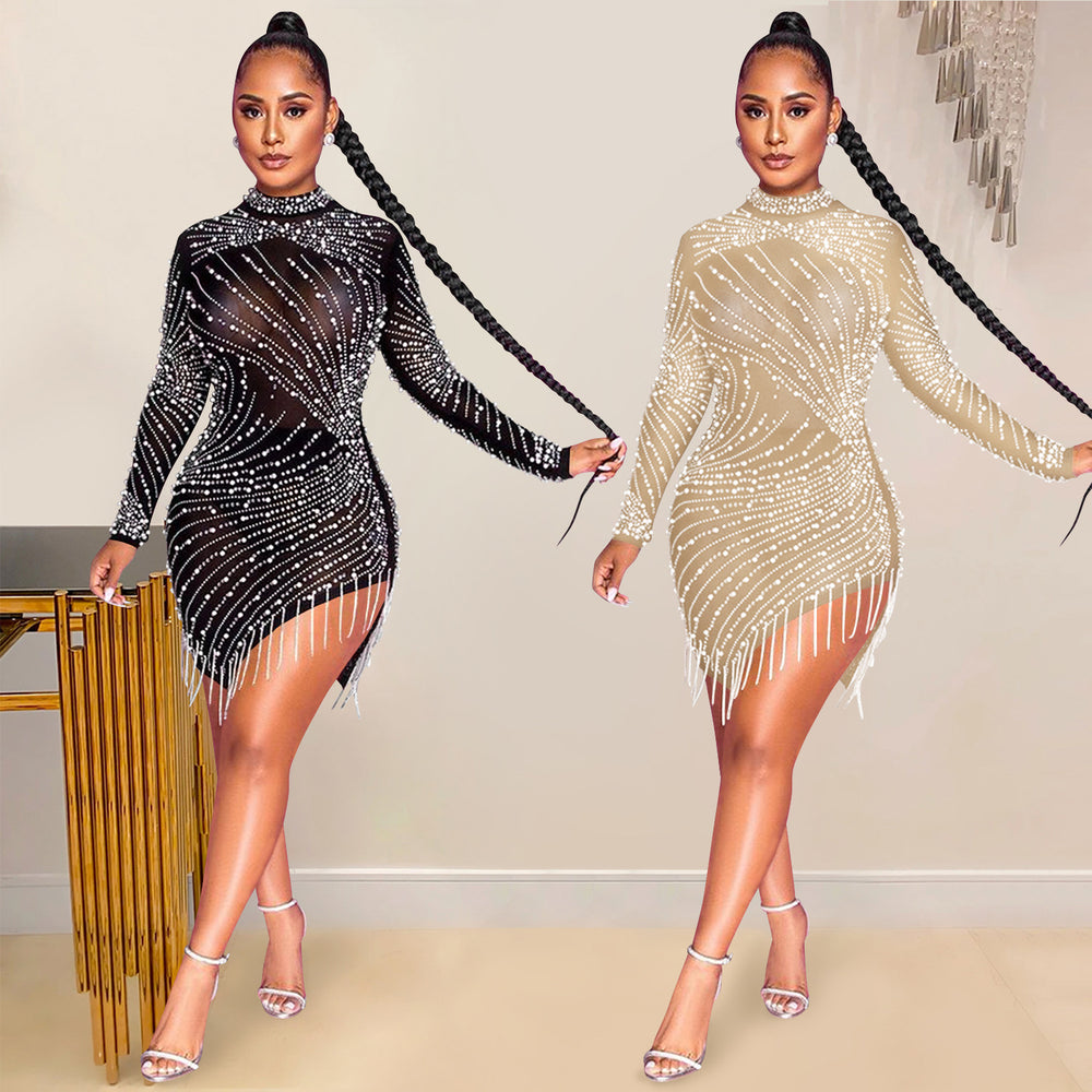 X5216 cross-border new arrival: european & american sexy nightclub mesh see-through rhinestone beaded tassel round neck long sleeve dress