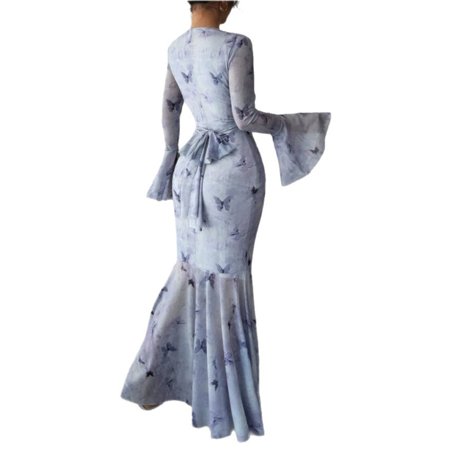 new chinese style one-shoulder long sleeve dress - women's autumn sexy slim-fit bodycon mermaid tail evening gown