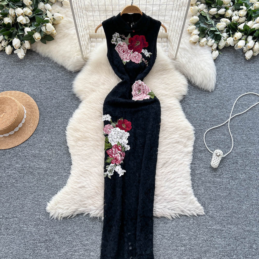 New chinese retroelegancecheongsam women's summersense of designheavy industryembroider waist silm sleevelesslacedress