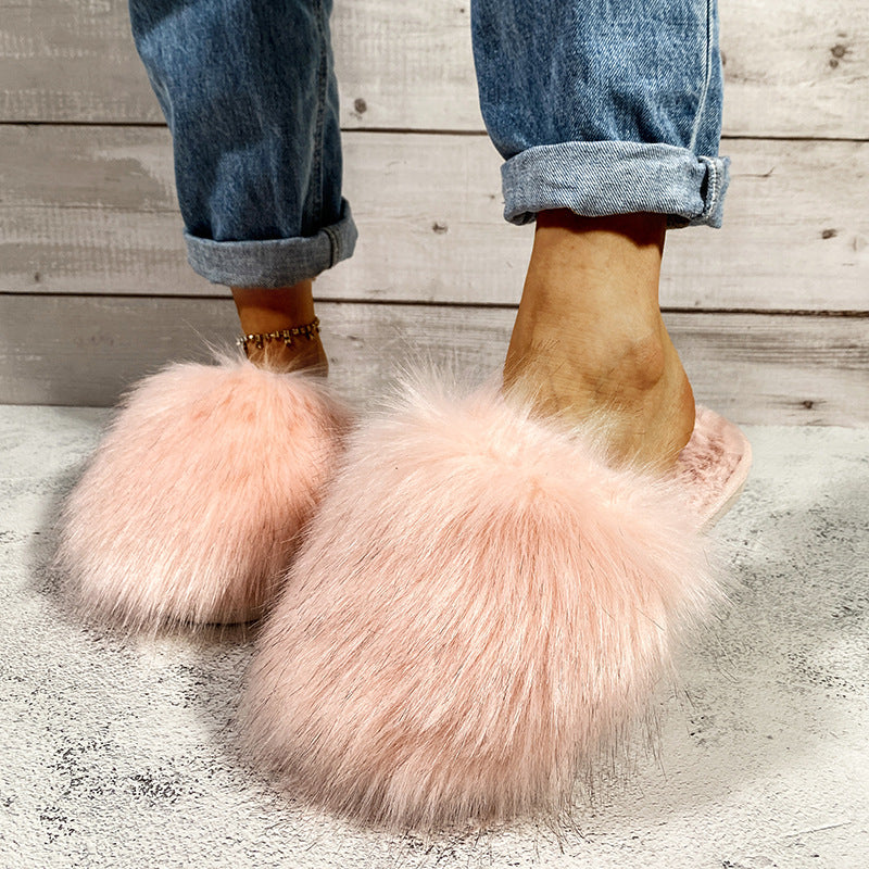 2024fall and winter imitation fox fur k-style baotouflats slippers popular same style outwear fur half slippers for women wholesale