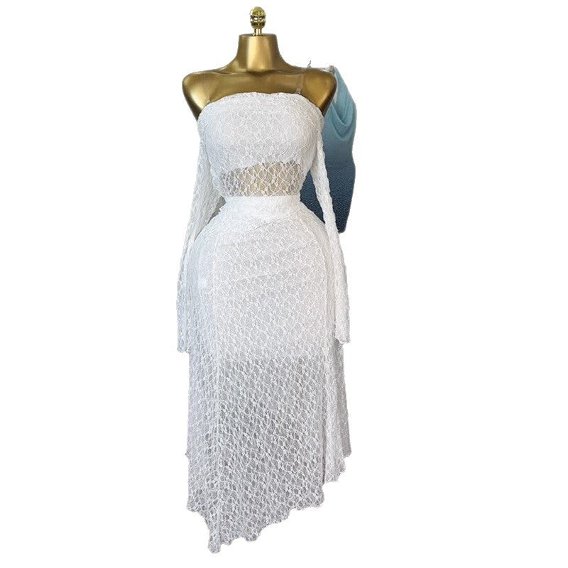 European and american cross-border women's fashion  autumn new arrival: elegant one-shoulder long sleeve hollow-out lace top and midi skirt set