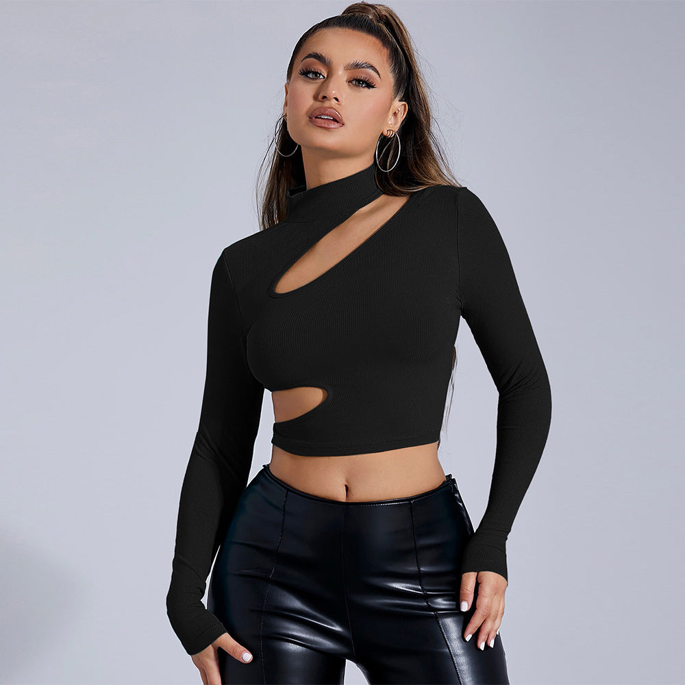 Cross-border women's clothing Europe and America 2024 autumn and winter semi-turtleneck black long-sleeved sexy T-shirt short tights