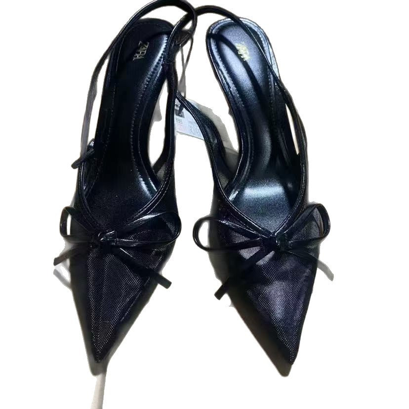 Za2025 summer socialite french style pointed-toe high heels - women's mesh bow-tie stiletto closed-toe sandals