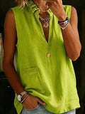 elegance stand collar ruffles cotton and linen shirt summer sleeveless tops
