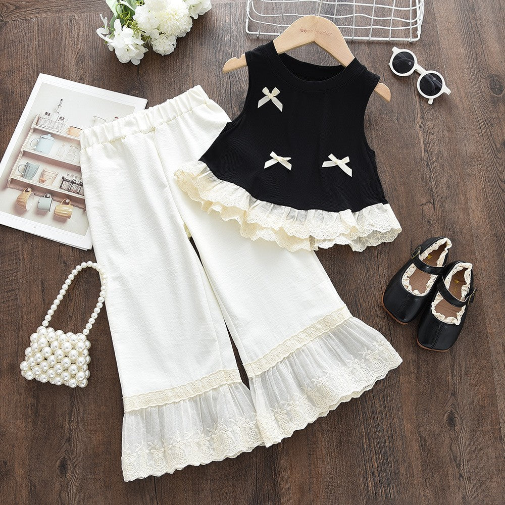 summer new girls' sleeveless tank top set - bowknot lace princess style two-piece outfit - korean style sweet