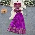 Classy suit women's summer strap waist stereo flower short sleeve ruffle hem topshigh waistpleated skirt
