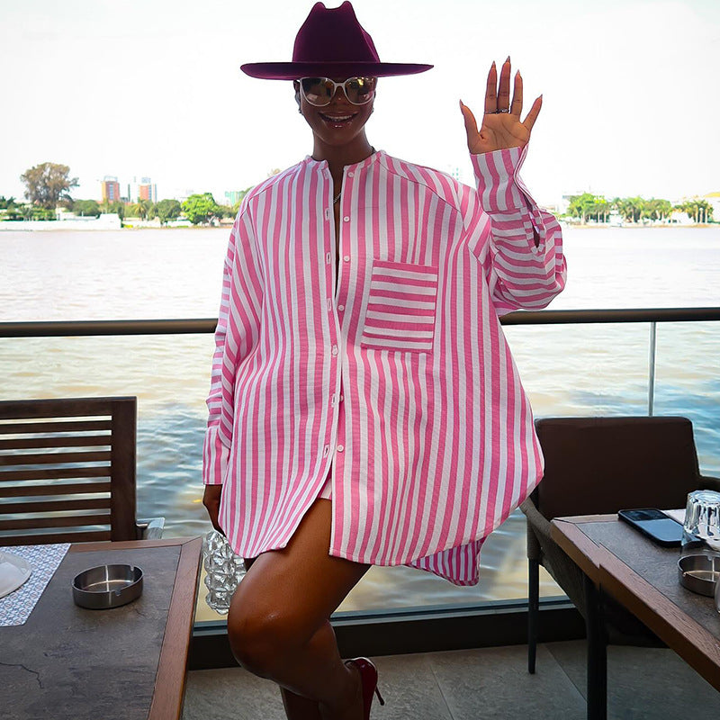 European and american cross-border women's fashion:  autumn new collection - striped crew neck long sleeve shirt and wide leg shorts set