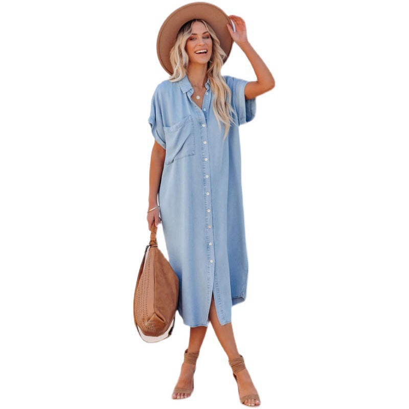 Aliexpress new arrival: european and american fashion solid color denim short-sleeve long slit shirt dress