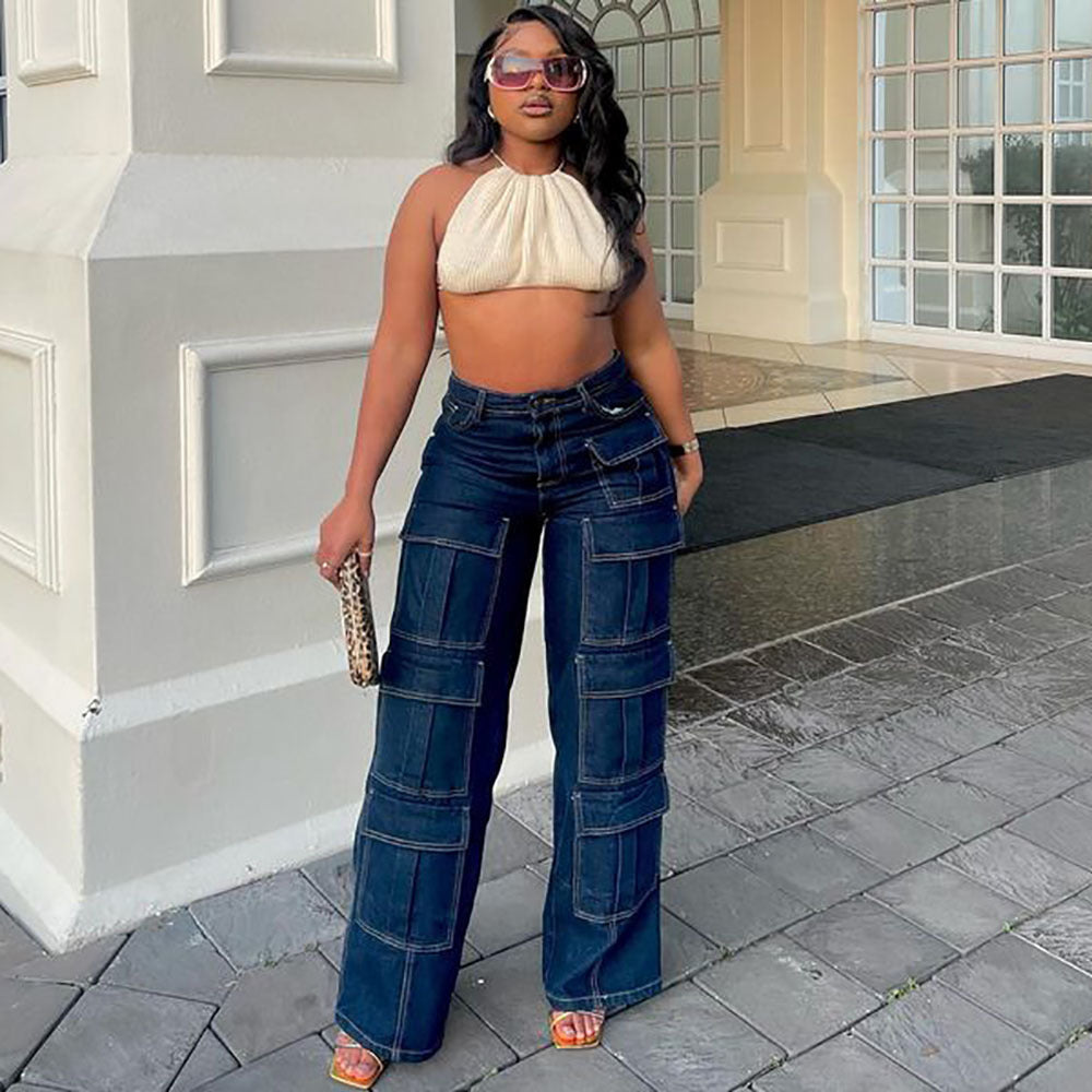 European and american style straight-legjeans  cross-border women's clothing street fashion multi-flap pocket pants exposed seam high waist workwear pants