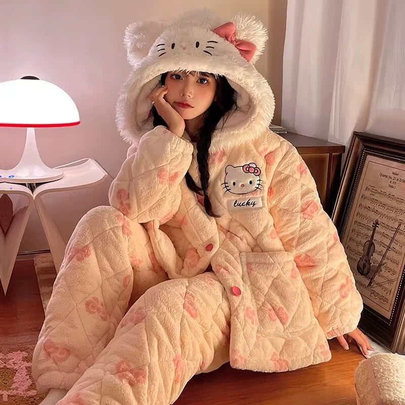 Women's pajamas autumn winter three-layer quilted jacket fleece-linedthickenedheattech coral fleece two-piece suit cute style home clothes