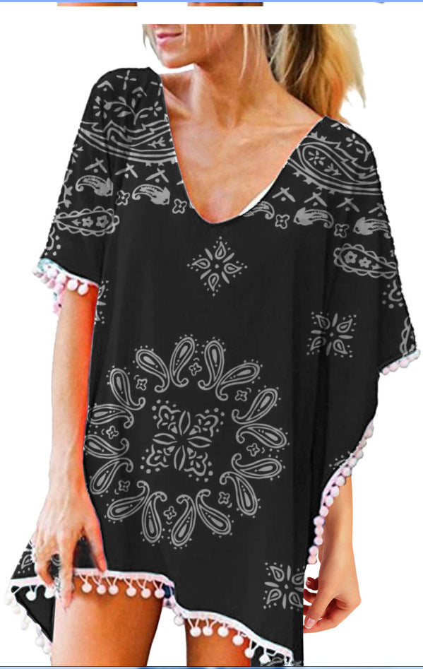 fashionnew arrivalprinting tassel small white ball chiffon beach skirt blouse ready-made trendy brand