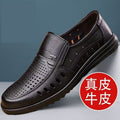 Summer cowhide leather sandals for men - casual, genuine leather, soft sole, perforated, breathable, non-slip, hollow-out design - perfect for middle-aged and elderly dads