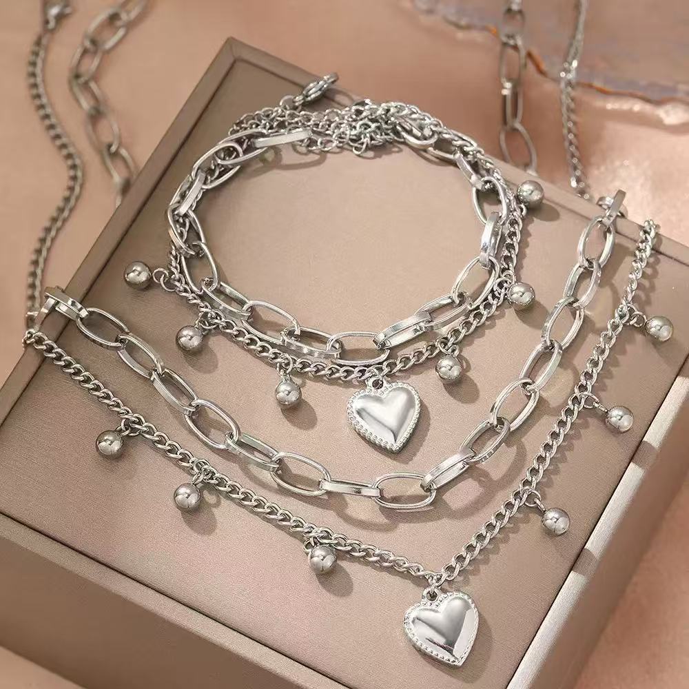Stainless steel european and american style heart bead double layer necklace and bracelet set - premium women's jewelry