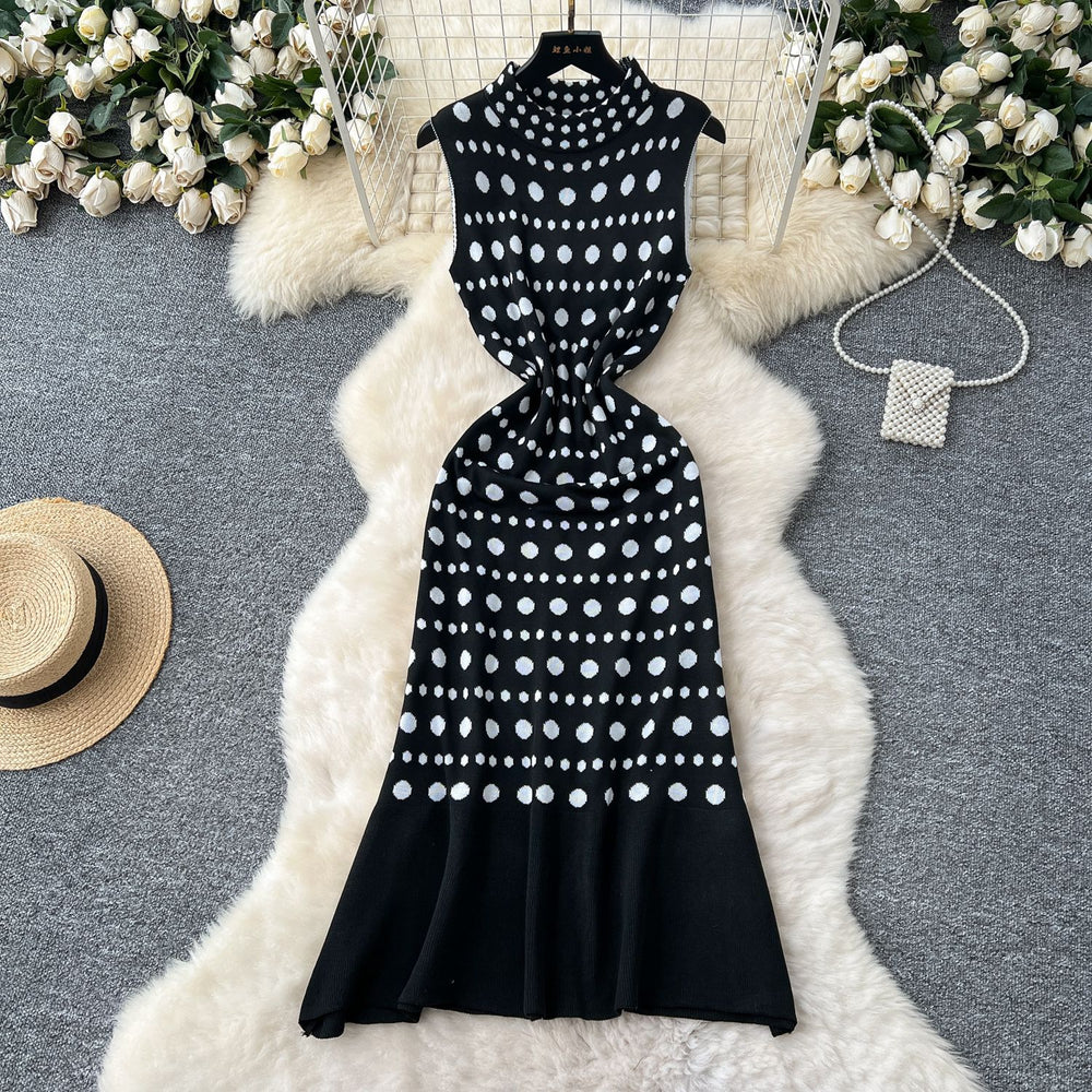 Elegant polka dot sleeveless knit dress - slim fit, figure-flattering, and chic for summer