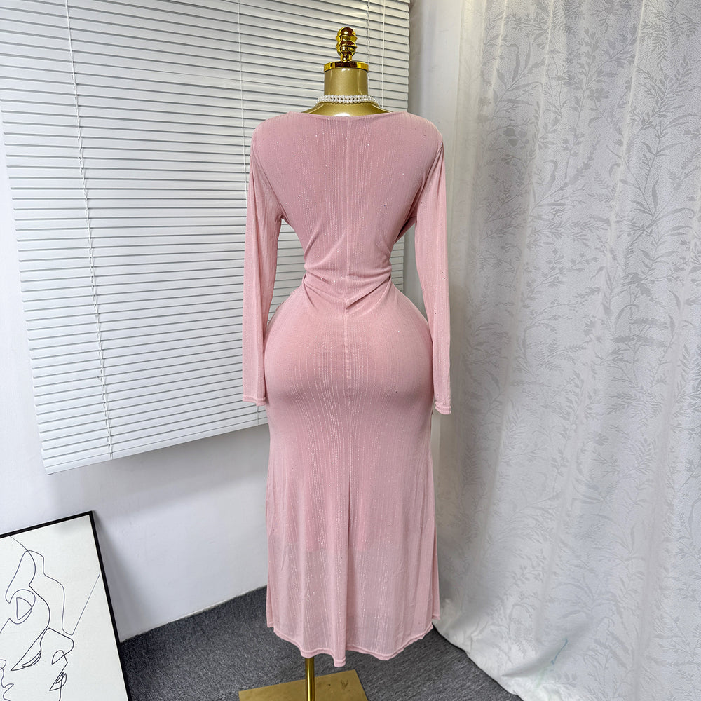 Exportautumnew arrivalsexy cross v necklong sleevesilm elastic mesh hot diamonddressfemaleelegance dress
