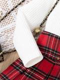 autumn cross-border girls' preppy bow top + plaid a-line skirt two-piece set