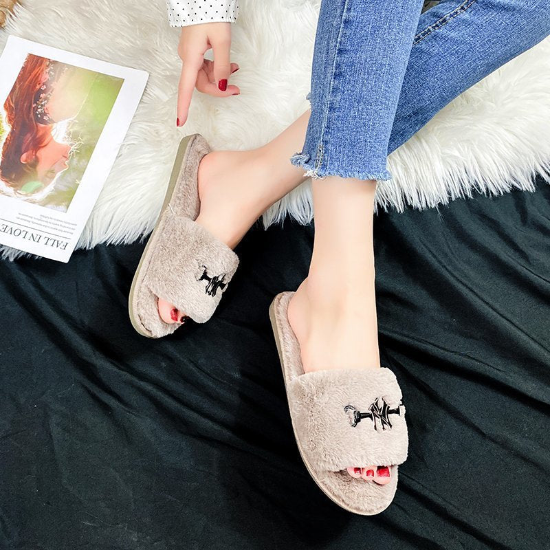 2024 new metal buckle fuzzy slippers women's autumn/winter home indoor flat warm cotton slippers