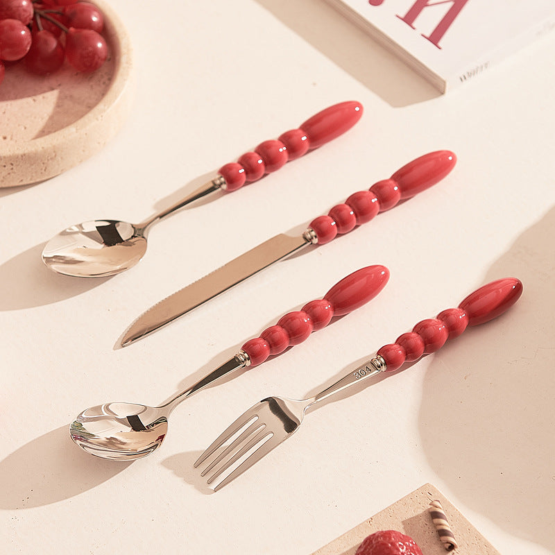 Creamy style 304 stainless steel cutlery set - includes knife, fork, and spoon with ceramic handles. high-style design, perfect for soups. suitable for kids and adults