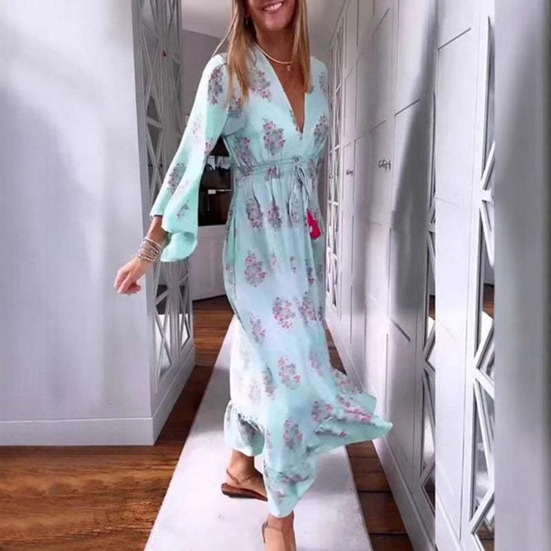 new european and american style women's casual printed v-neck long sleeve dress for cross-border e-commerce
