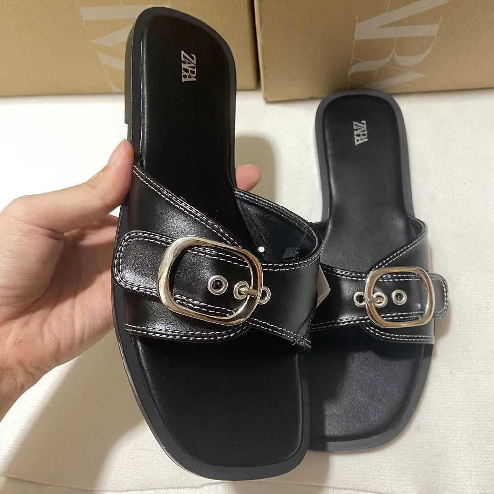 Za2024autumnew arrival one-piece strap back hollow outwear sandals black buckle flats sandals breathable casual