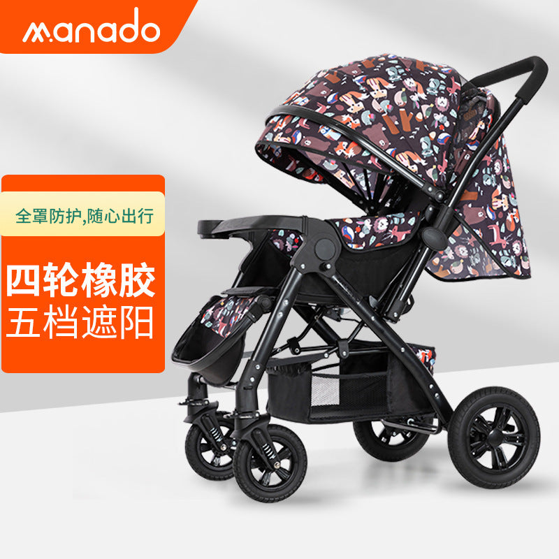 Baby stroller high view sit and lie down lightweight foldable four-wheel rubber two-way large space baby stroller