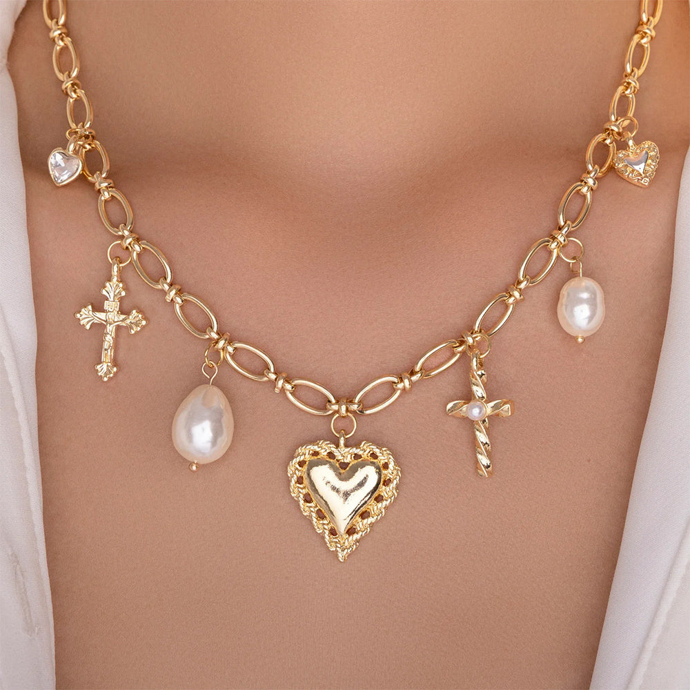 Pearl cross pendant wholesale - trendy cross-border jewelry for women - heart-shaped, niche, high-end, instagrammable, versatile necklace