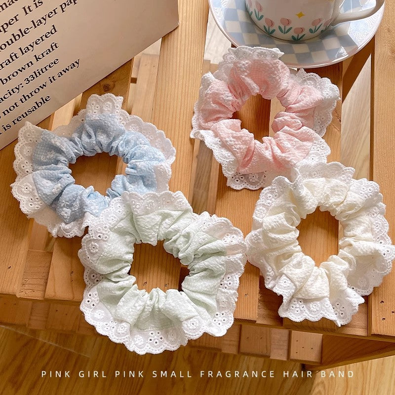 Small fresh blue and white polka dot large intestine hair tie for women korean style lazy style hair tie high-end low ponytail hair tie
