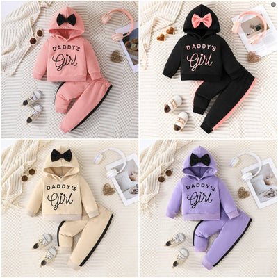 spring/autumn new arrival: casual & stylish english graphic bowknot hoodie & long sleeve pants set