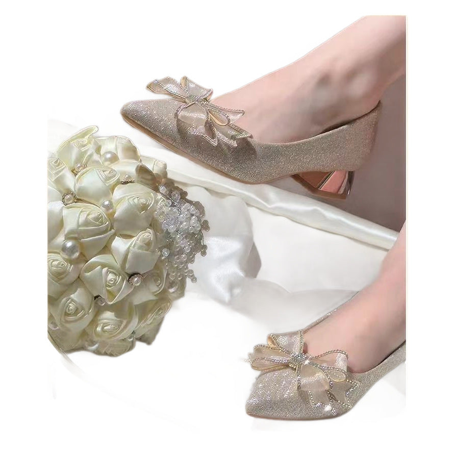 2025 new champagne butterfly wedding shoes women's mid-heel chunky heel party shoes