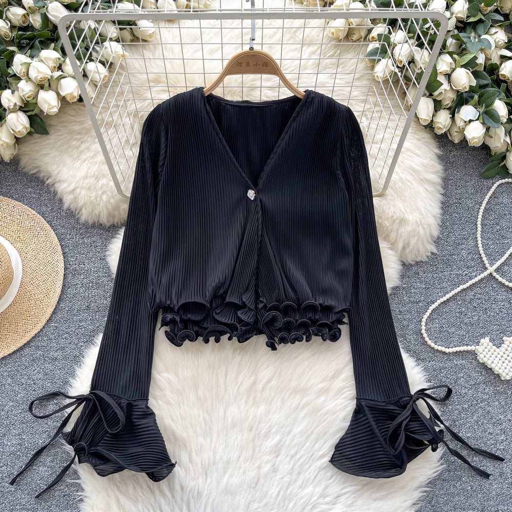Women's long-sleeve blouse for cross-border e-commerce: new spring/autumn style with 3d ruffle trim, v-neck, pleated detail, and flared short sleeves