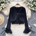 Women's long-sleeve blouse for cross-border e-commerce: new spring/autumn style with 3d ruffle trim, v-neck, pleated detail, and flared short sleeves