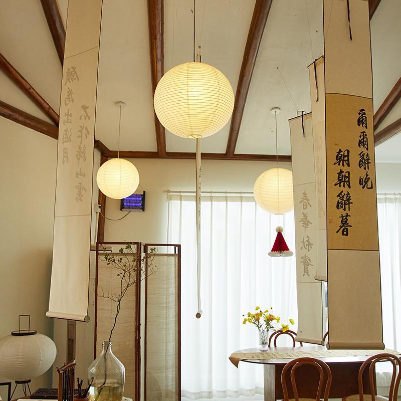Homestay rice paper chandelier Japanese-style wabi-sabi clothing shop coffee shop lighting bedroom horizontal line round ball lamps retro