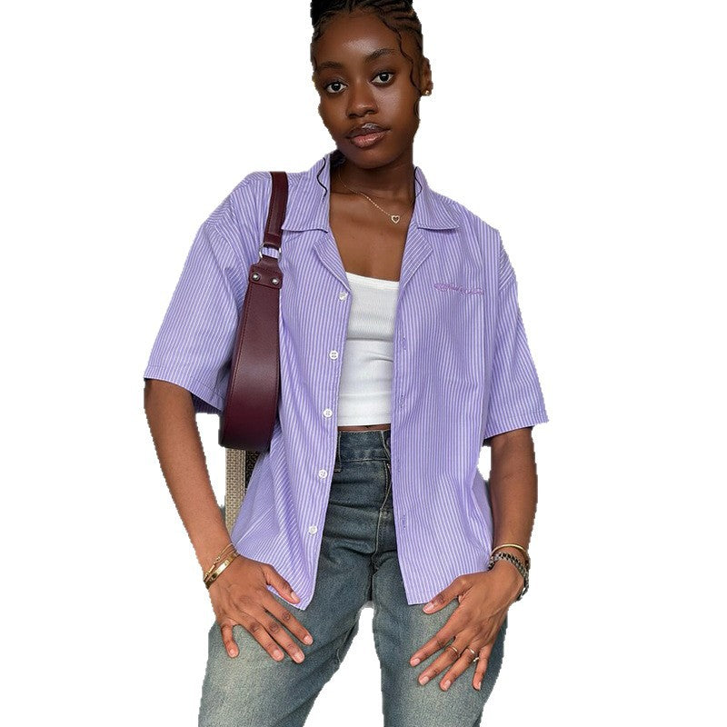 European and american women's clothing  autumn new sweet and fresh striped blazer collar short sleeve women's shirt top