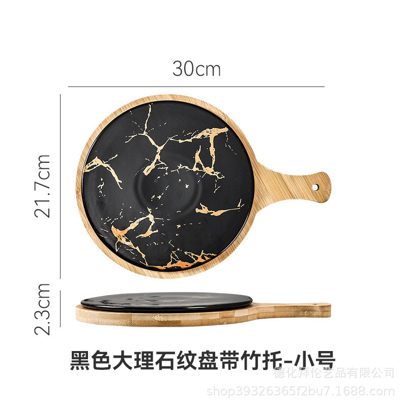 Nordic high-looking desktop flat steak plate with heat-insulating wooden tray creative marble plate manufacturer wholesale