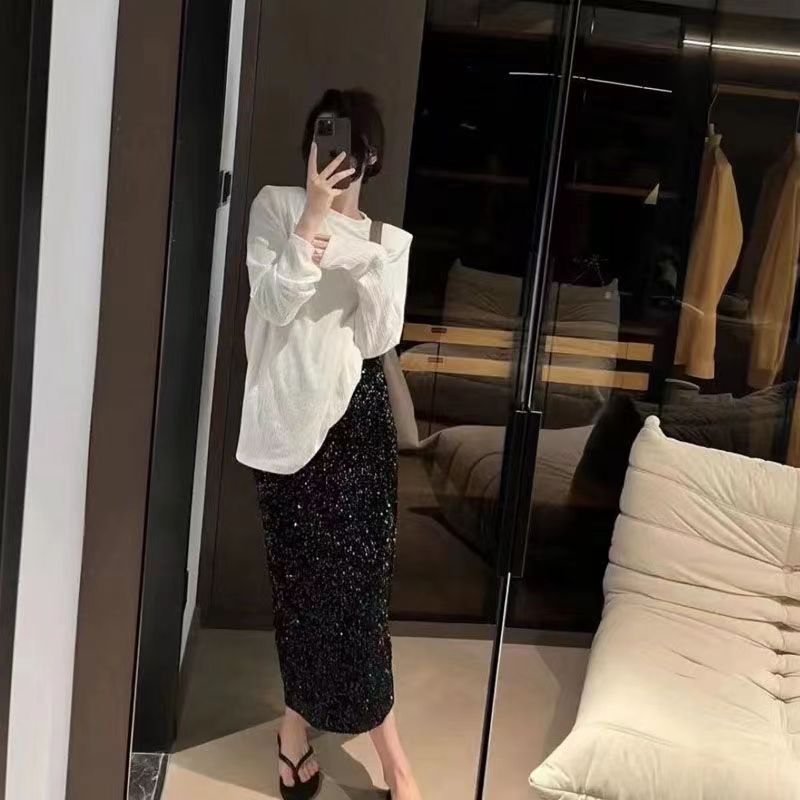 2025 european and american new fashion high-waisted slimming sequin midi skirt - women's elastic waist, back slit, stretch straight-leg long skirt