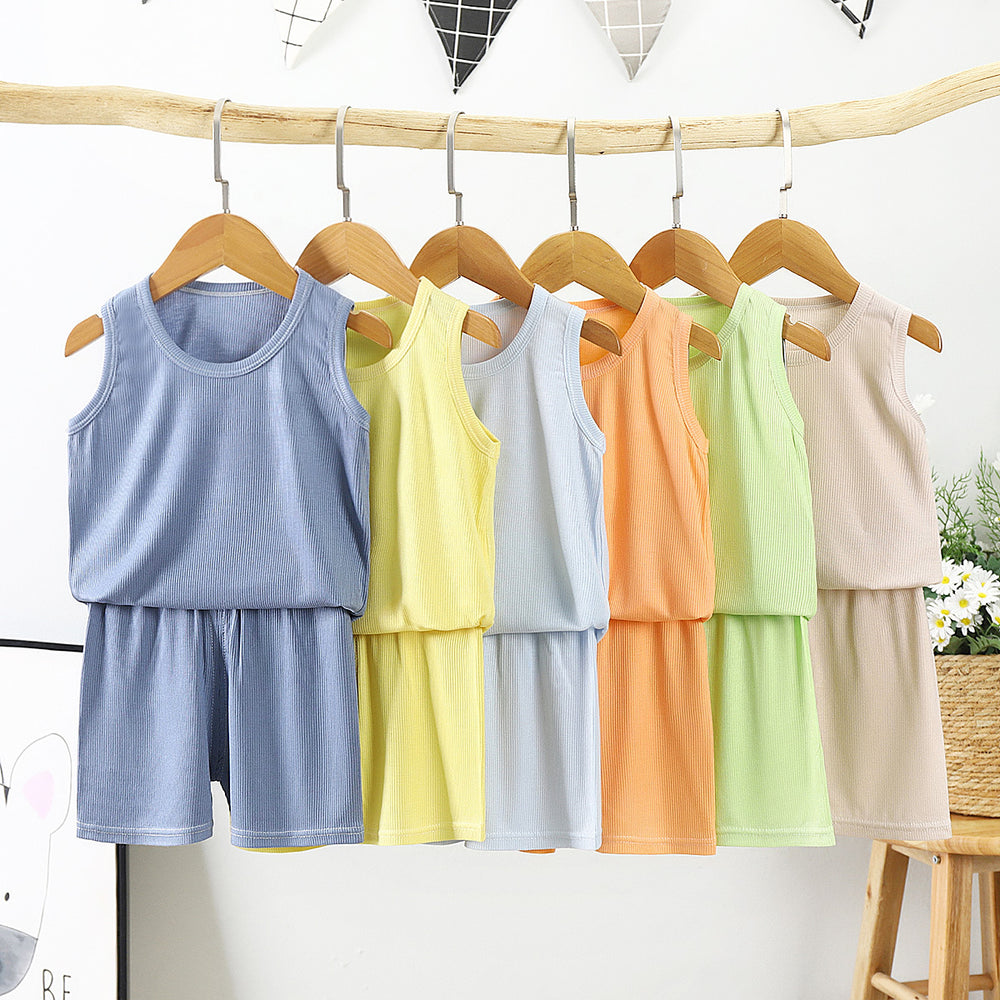 Kids vest suit summer ice silk shake cotton pajamas for boys and girls facial mask t home clothes baby shorts air conditioning clothes