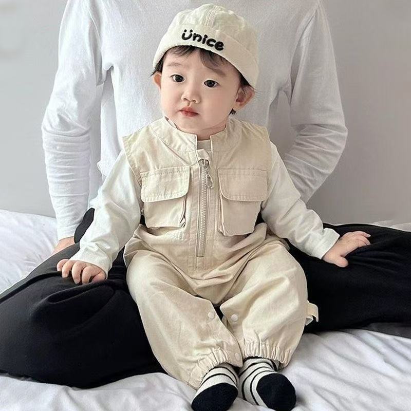Baby boys' and girls' spring/autumn workwear pocket lightweight overalls two-piece set - stylish and minimalist outerwear spring/autumn outfit