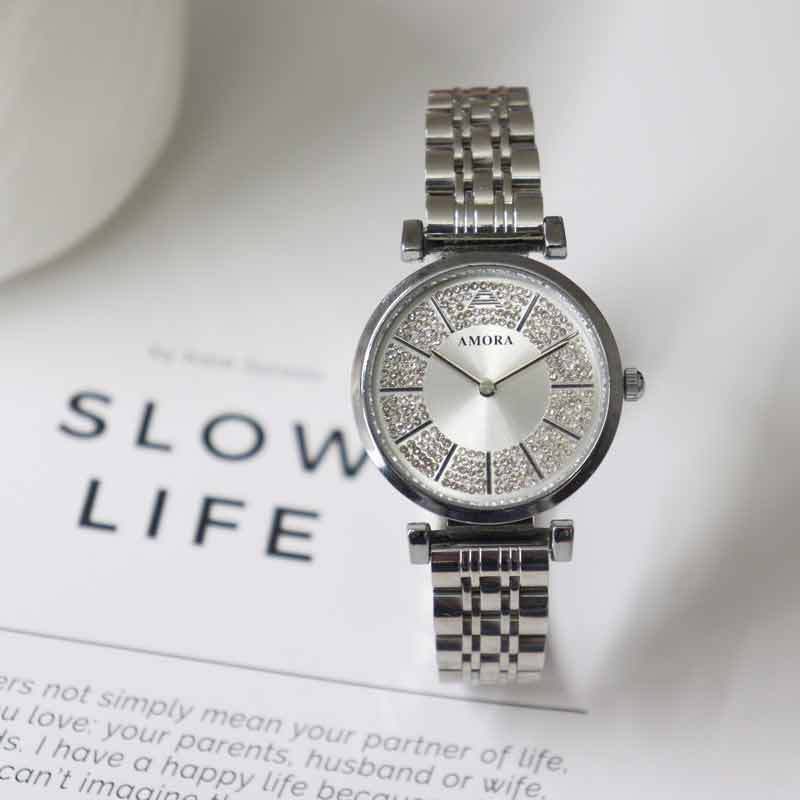 Anima red rhinestone steel band diamond-accented waterproof women's watch - luxury fashion quartz wristwatch with butterfly clasp