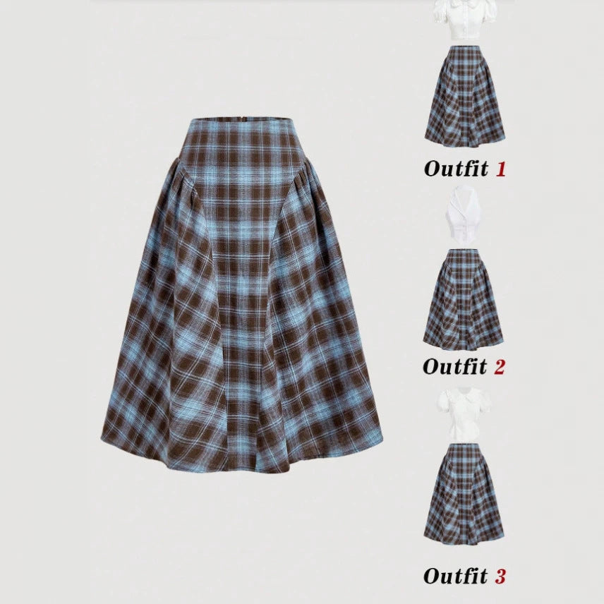 plaid pleated casualpreppy style skirt blue plaid autum skirt