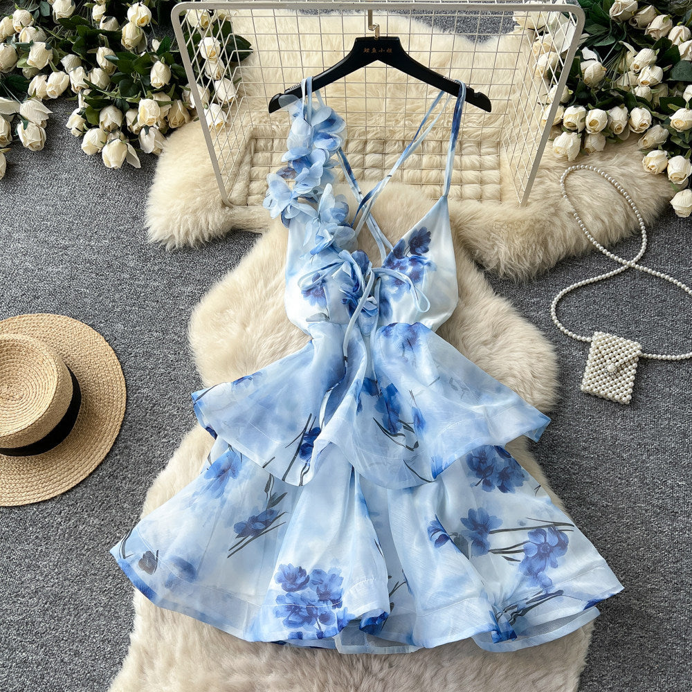 Romantic vacation style v-neck floral print dress - women's summer backless tie-up a-line dress - sexy, elegant, and slimming