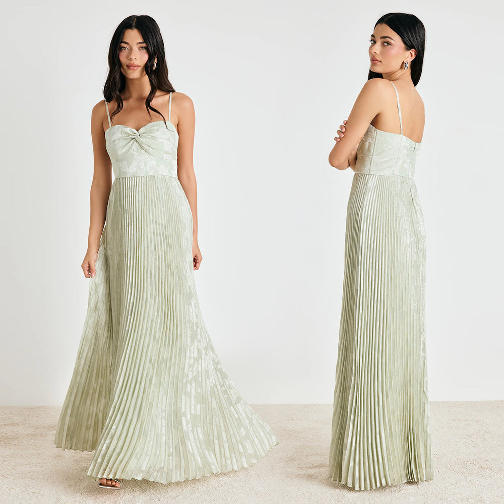 C7750 cross-border  new women's fresh light green pleated jacquard camisole pleated long maxi dress
