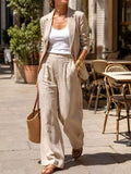 Retro rice apricot linen suit lapel casual small suit high waist pleated loose pantselegantsuit